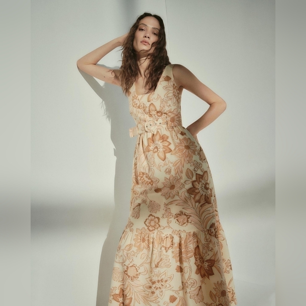 MNG Mango Orange Cream Cotton Sleeveless V-Neck Belted Flowy Martina Maxi Dress